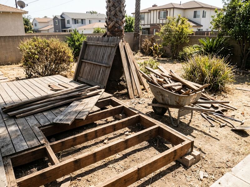 Weathered backyard deck half demolished with boards stacked and fence panels down